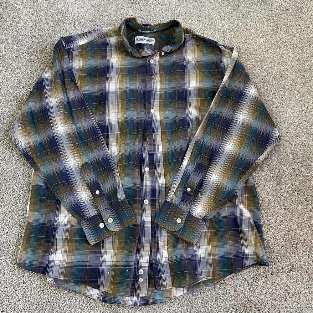 Vintage Wentworth Shirt Mens Large Blue Plaid Long Sleeve Button-Down Cotton